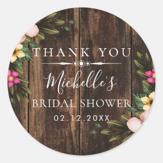 Sticker Rond Rustique Elegant Bois Douche nuptiale Merci