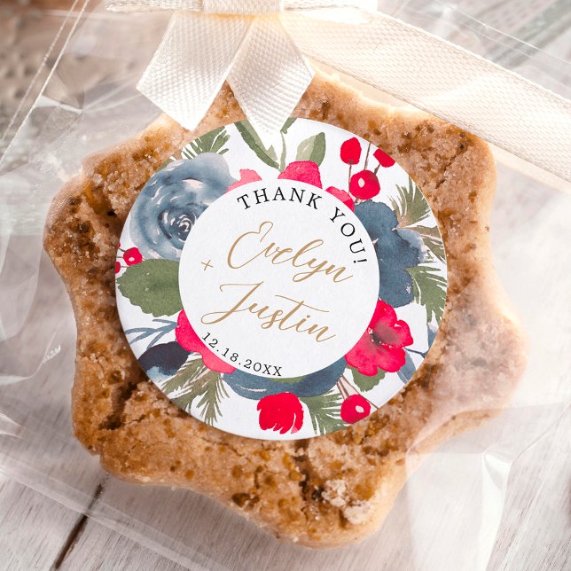 Sticker Rond Rustique Elégant hiver Floral rouge vert merci (Rustic Elegant Winter Floral red green thank you Classic Round Sticker)