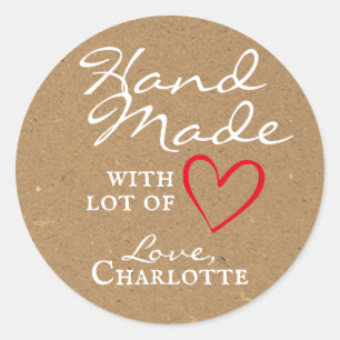 Sticker Rond Rustique fait à la main avec l'amour Rouge Coeur P