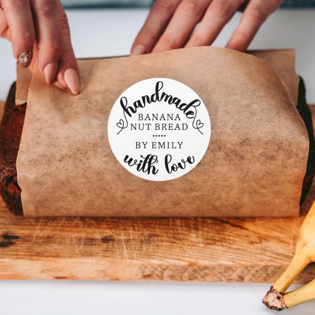 Sticker Rond Rustique fait à la main avec l'amour Script Coeur  (Créateur téléchargé)