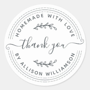 Sticker Rond Rustique Fait Maison Avec Amour Merci Blanc Noir
