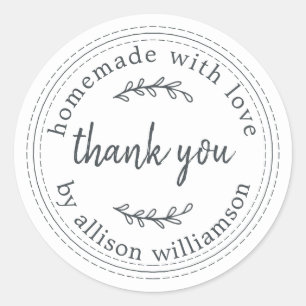 Sticker Rond Rustique fait maison avec amour noir blancMerci