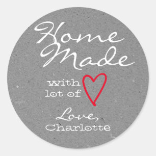 Sticker Rond Rustique fait maison avec l'amour Red Heart Grey P
