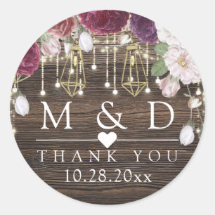 Sticker Rond Rustique Floral Bois Chaîne illumine Mariage Merci