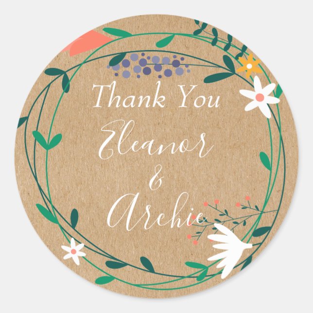 Sticker Rond Rustique Floral Garland Mariage Merci Favor (Devant)