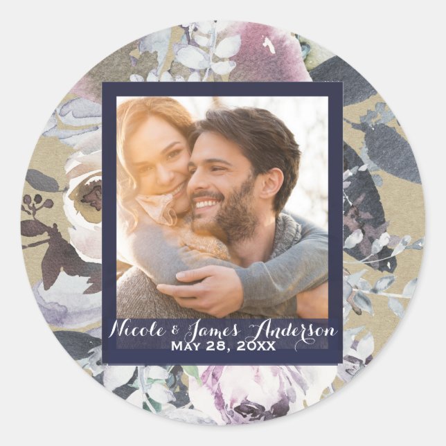 Sticker Rond Rustique Floral Glam Navy Kraft Photo Wedding Fave (Devant)