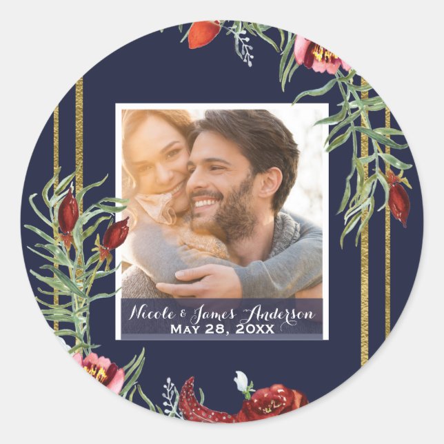 Sticker Rond Rustique Floral Marsala Photo Bleu Nuit Or Mariage (Devant)