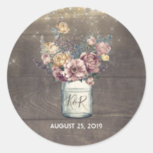 Sticker Rond Rustique Floral Mason Jar Gold et Mauve Mariage