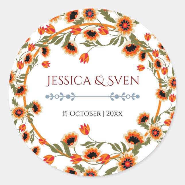 Sticker Rond Rustique Floral Scandinave Mariage inspiré Folk (Devant)