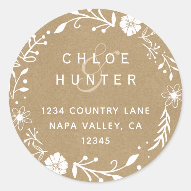 Sticker Rond Rustique Floral Wreath Faux Kraft Adresse de retou (Devant)