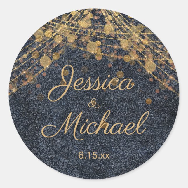 Sticker Rond Rustique Glam Navy Blue Mariage de script or (Devant)