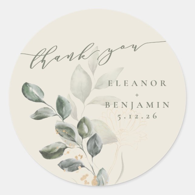 Sticker Rond Rustique Gold Greenery Merci de mariage personnali (Devant)