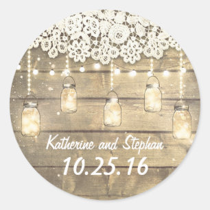 Sticker Rond Rustique Grange Mason Jar Lumières et Mariage de d
