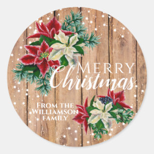 Sticker Rond Rustique Joyeux Noël Poinsettia Floral