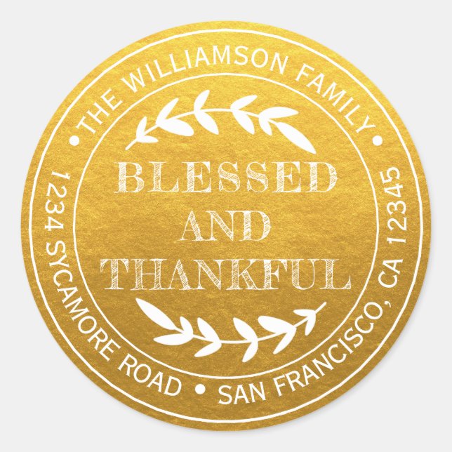 Sticker Rond Rustique Joyeux Thanksgiving Adresse de Retour Or (Devant)