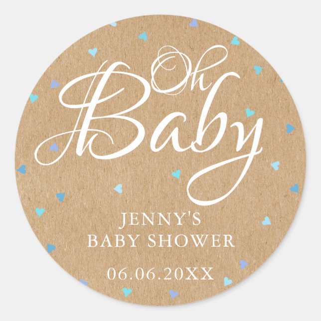 Sticker Rond Rustique Kraft Blue Hearts Oh Baby baby shower (Devant)