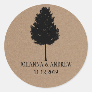 Sticker Rond Rustique Kraft Mariage d'arbre de forêt papier