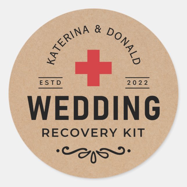 Sticker Rond Rustique Kraft Mariage Hangover Kit de récupératio (Devant)