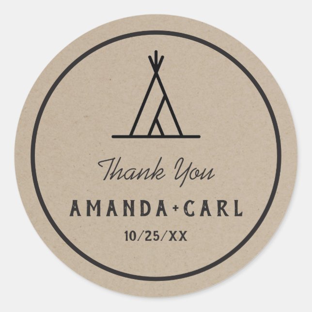 Sticker Rond Rustique Kraft Outdoor Tipi Tente Mariage Merci (Devant)