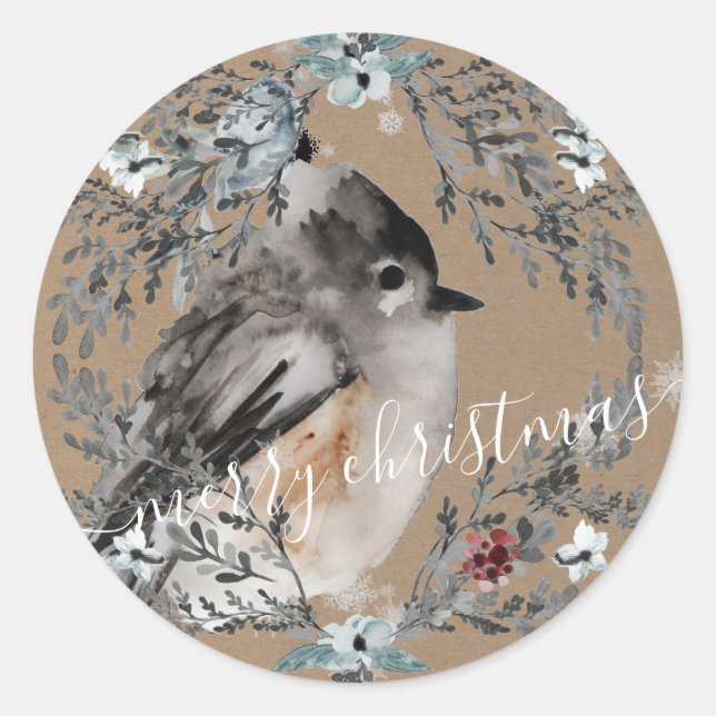 Sticker Rond Rustique Kraft Papier Bruant Oiseau Joyeux Noël (Devant)