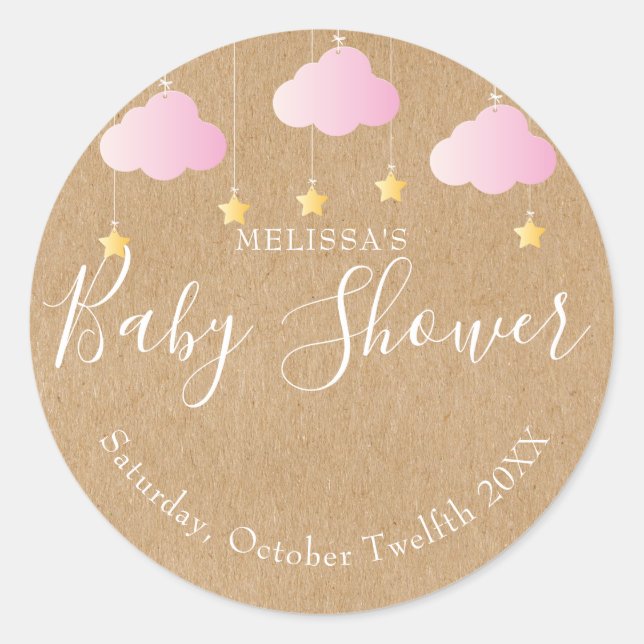 Sticker Rond Rustique kraft scintiller baby shower rose (Devant)