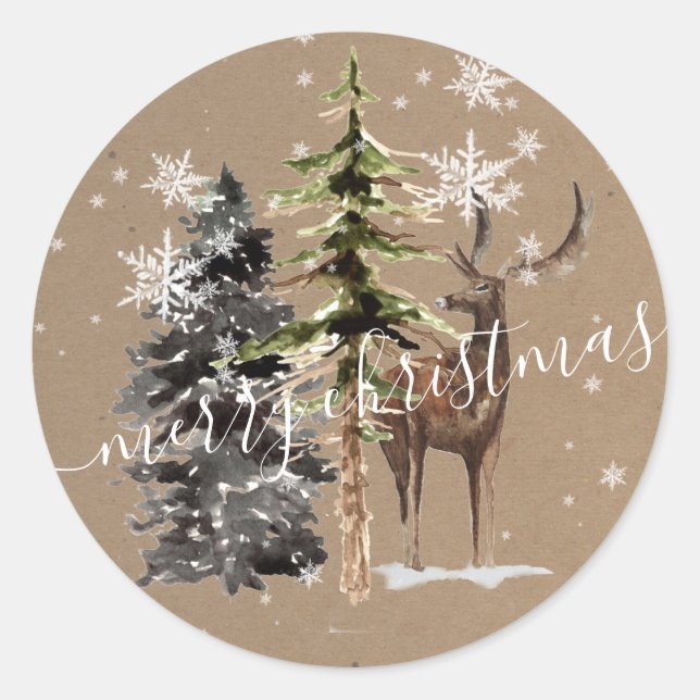 Sticker Rond Rustique Kraft Winter Woodland Joyeux Noël (Devant)