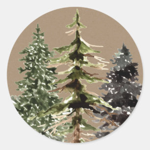 Sticker Rond Rustique Kraft Winter Woodland Spruce Trees