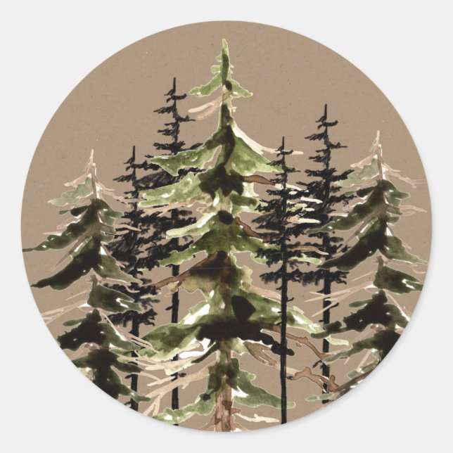 Sticker Rond Rustique Kraft Winter Woodland Spruce Trees Classi