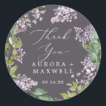 Sticker Rond Rustique Lilac | Gray Merci Favor mariage<br><div class="desc">Ces autocollants rustiques lilas gris merci mariage sont parfaits pour une réception de mariage de printemps ou d'été. Le design floral romantique et élégant présente des fleurs sauvages lilas violets d'aquarelle aux allures de jardin boho. Personnalisez les étiquettes autocollants avec vos noms, l'événement (le cas échéant) et la date. Ces...</div>