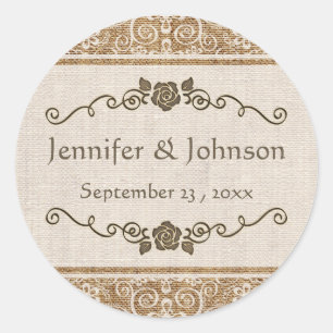 Sticker Rond Rustique Mariage de dentelle Burlap