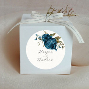 Sticker Rond Rustique Marine Blue Floral Mariage Faveur
