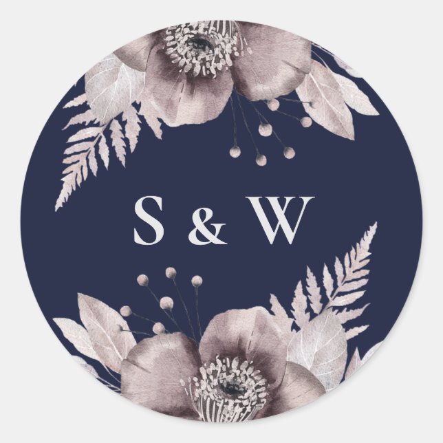 Sticker Rond Rustique Marine Mauve Floral Mariage Botanique (Devant)