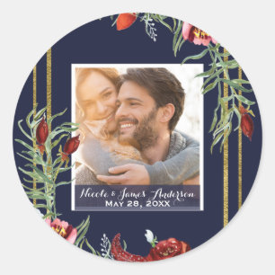 Sticker Rond Rustique Marsala Floral Photo Bleu Marine Or Maria