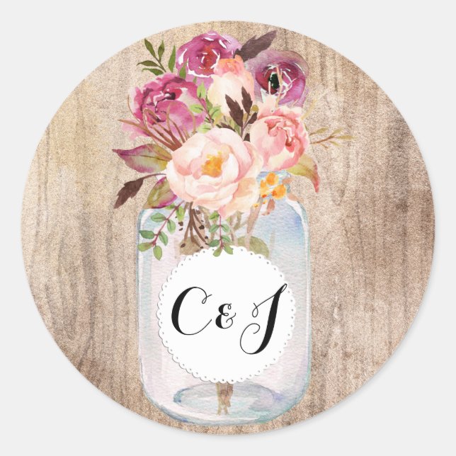 Sticker Rond Rustique Mason Jar Aquarelle Fleurs Mariage de boi (Devant)