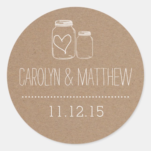 Sticker Rond Rustique Mason Jar| Coeur mariage Faveur Sticker2 (Devant)