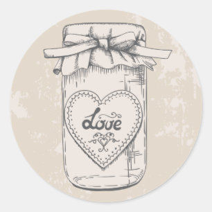 Sticker Rond Rustique Mason Jar Coeurs d'amour Tan Mariage