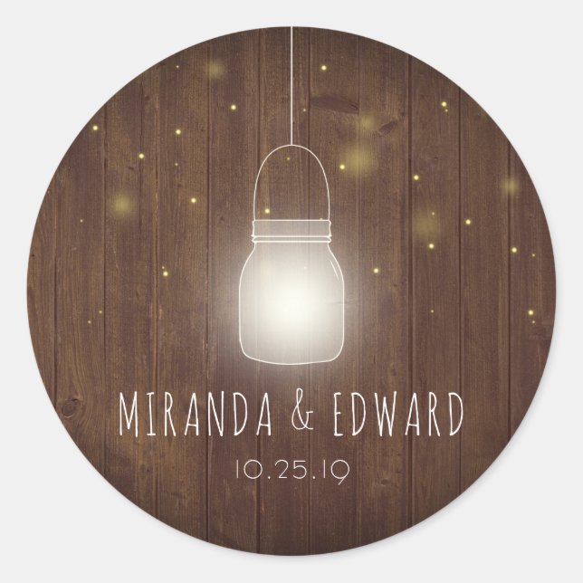 Sticker Rond Rustique Mason Jar Fireflies Mariage Faveur (Devant)