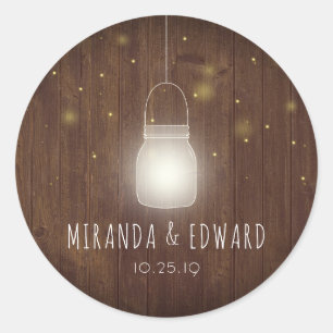 Sticker Rond Rustique Mason Jar Fireflies Mariage Faveur