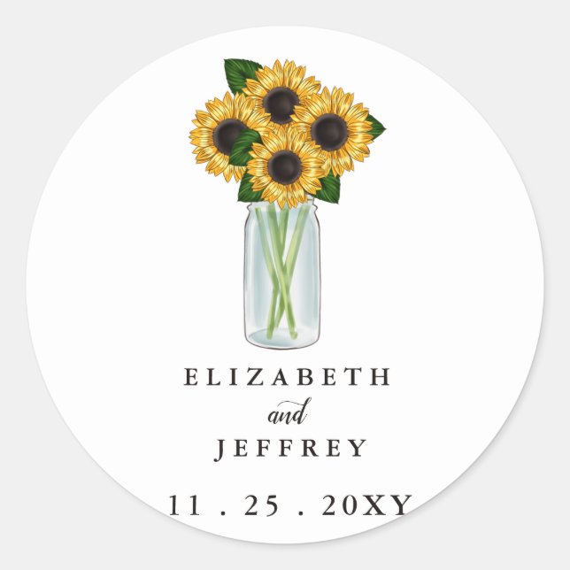 Sticker Rond Rustique Mason Jar Mariage de tournesols (Devant)