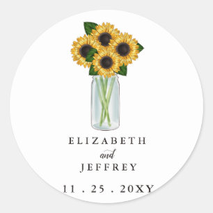 Sticker Rond Rustique Mason Jar Mariage de tournesols