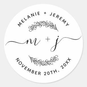 Sticker Rond Rustique moderne Feuille Initiales Script Mariage 
