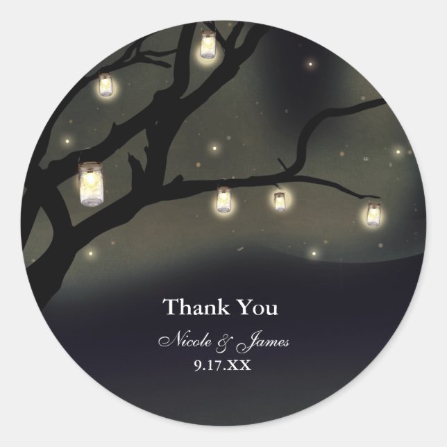 Sticker Rond Rustique Night Tree & Mason Jar Lumières Mariage F (Devant)