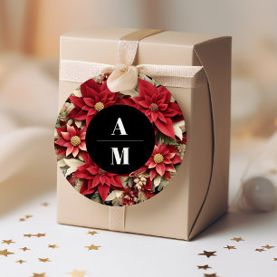 Sticker Rond Rustique Noir Poinsettia Floral Mariage de Noël