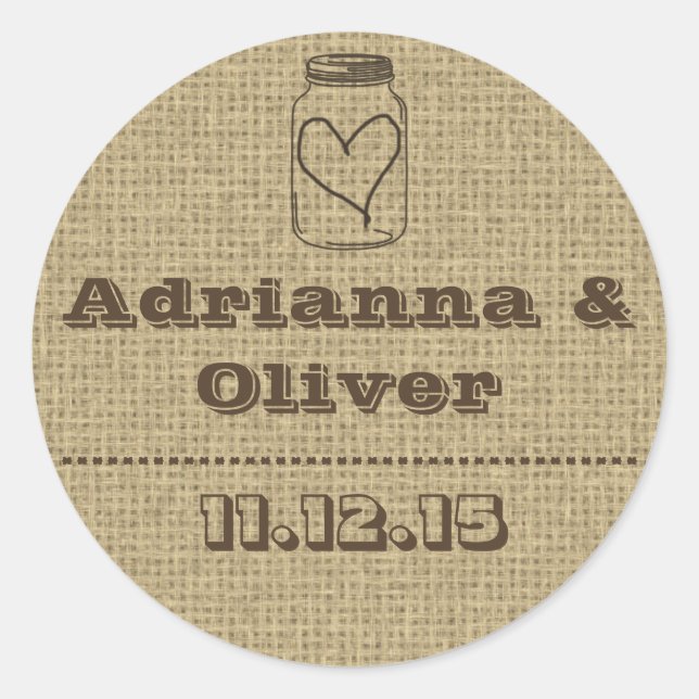 Sticker Rond Rustique Pays Burlap Mason Jar Mariage Faveur (Devant)