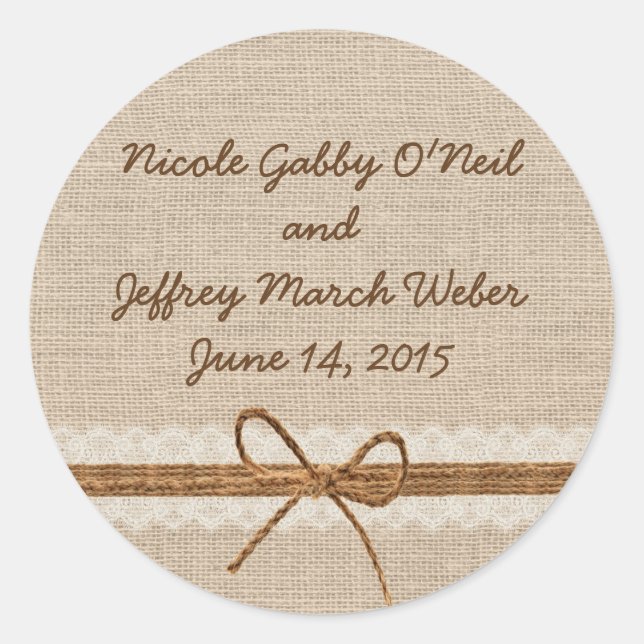Sticker Rond Rustique Pays Burlap Twine Mariage (Devant)