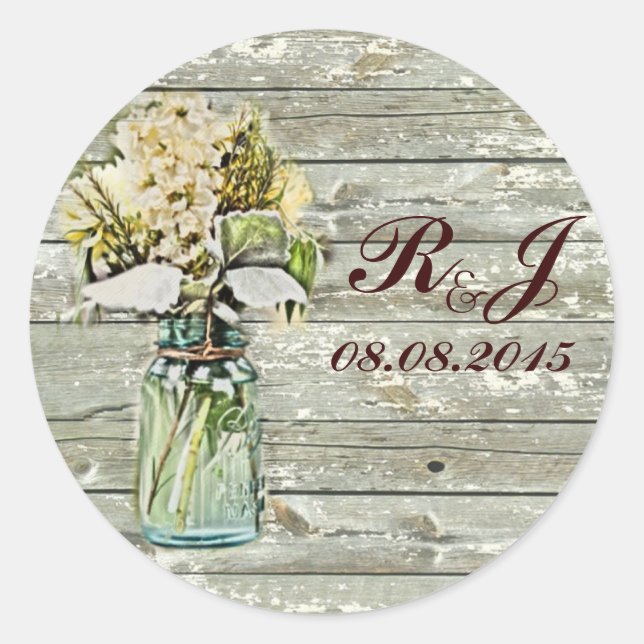 Sticker Rond rustique pays fleuri mason bocal mariage merci (Devant)