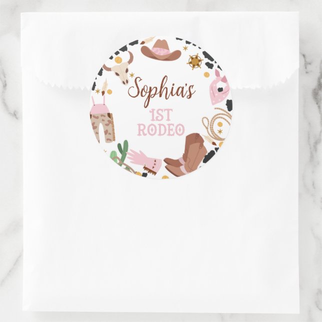 Sticker Rond Rustique rose premier rodéo 1er anniversaire (Sac)