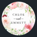 Sticker Rond Rustique rose rose Peony Wreath Wedding Favor<br><div class="desc">De belles pivoines roses rousses se combinent avec des hyancinthes blancs et des chardons pourpres pour créer une couronne romantique. Les noms des couples mariages sont écrits au centre. Ce sceau de faveur de mariage fait partie de la collection Rustic Pink Peony. Il contient de nombreux modèles do-it-yourself que vous...</div>