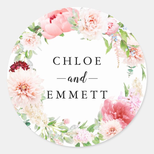 Sticker Rond Rustique rose rose Peony Wreath Wedding Favor (Devant)