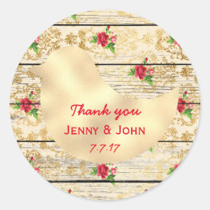 Sticker Rond Rustique Shabby Chic Mariage Merci Floral Bois